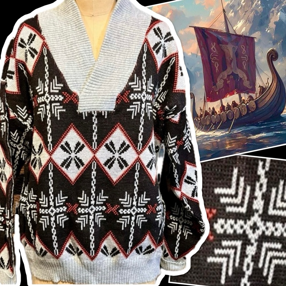 VINTAGE Romanian diamond pattern knit sweater shawl v‎ neck collar Viking Nordic